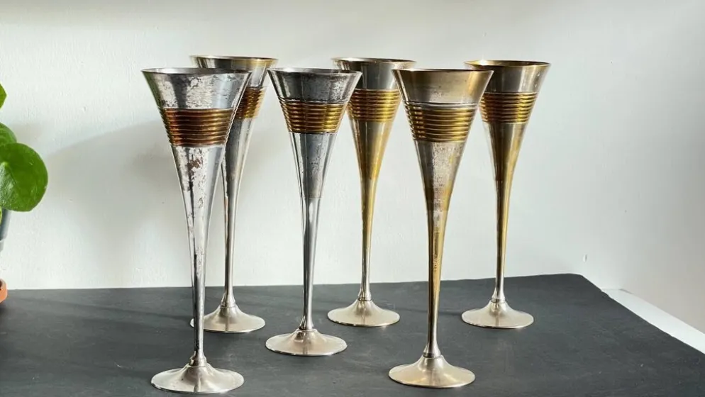 6 Flutes Champagne Laiton Argenté Vintage