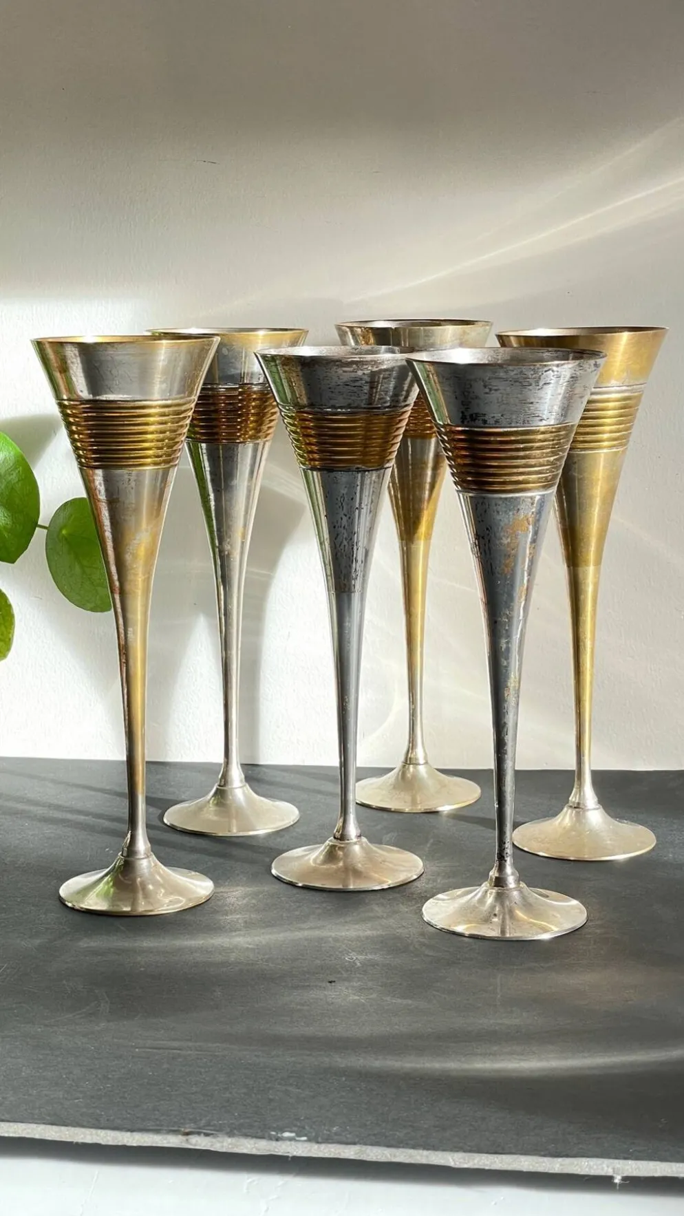 6 Flutes Champagne Laiton Argenté Vintage