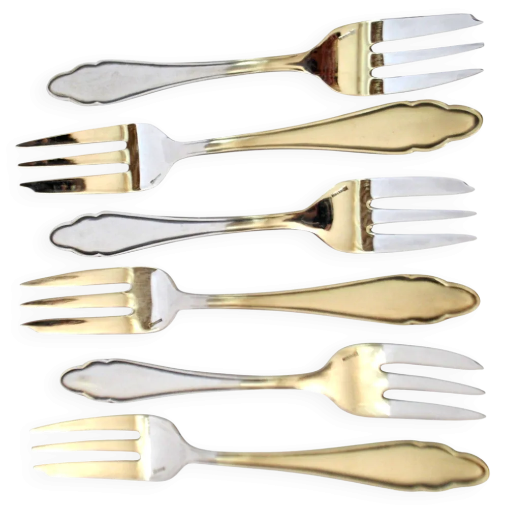 6 fourchettes à dessert modernistes en métal argenté chantourné DEETJEN