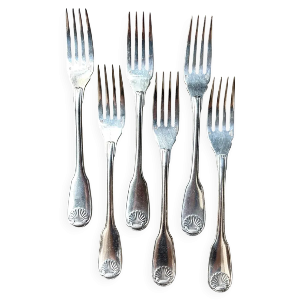 6 fourchettes à poisson Christofle en métal argenté, décor coquille