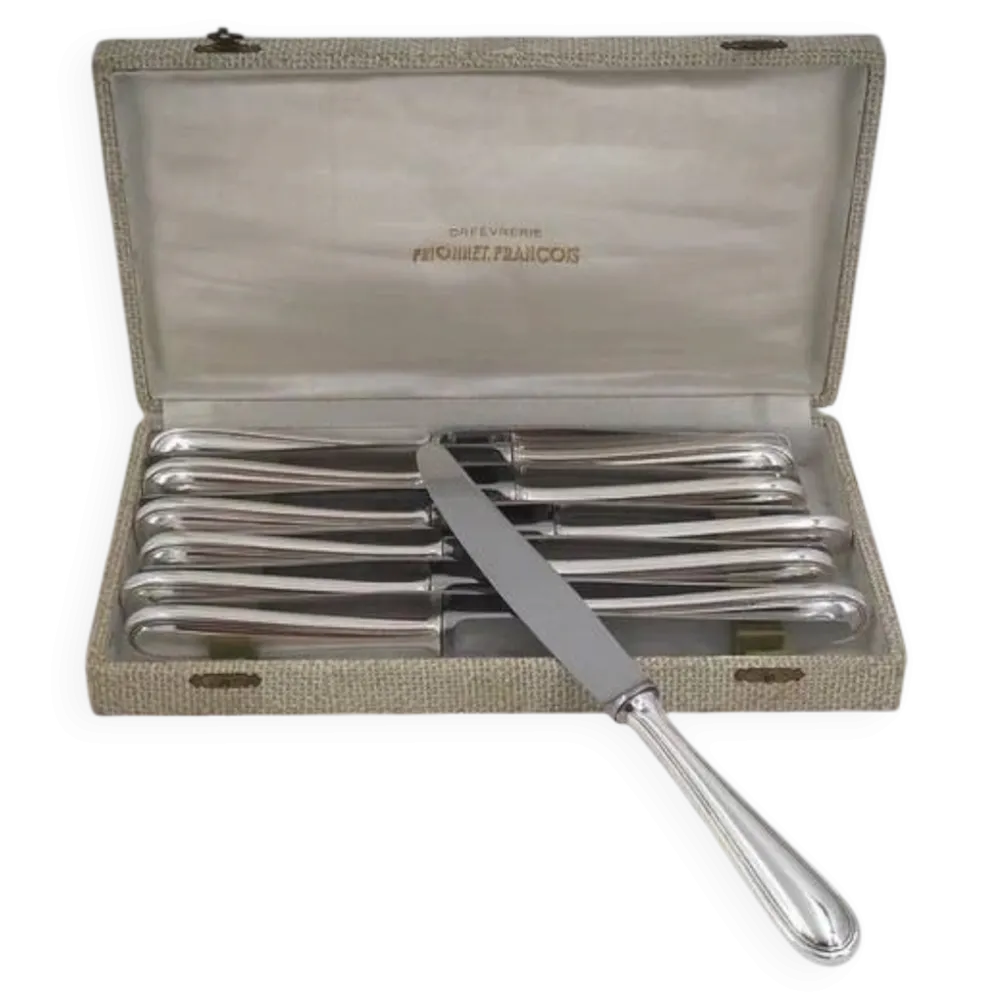 François Frionnet, 12 couteaux de table en métal argenté, filet simple, Albi.