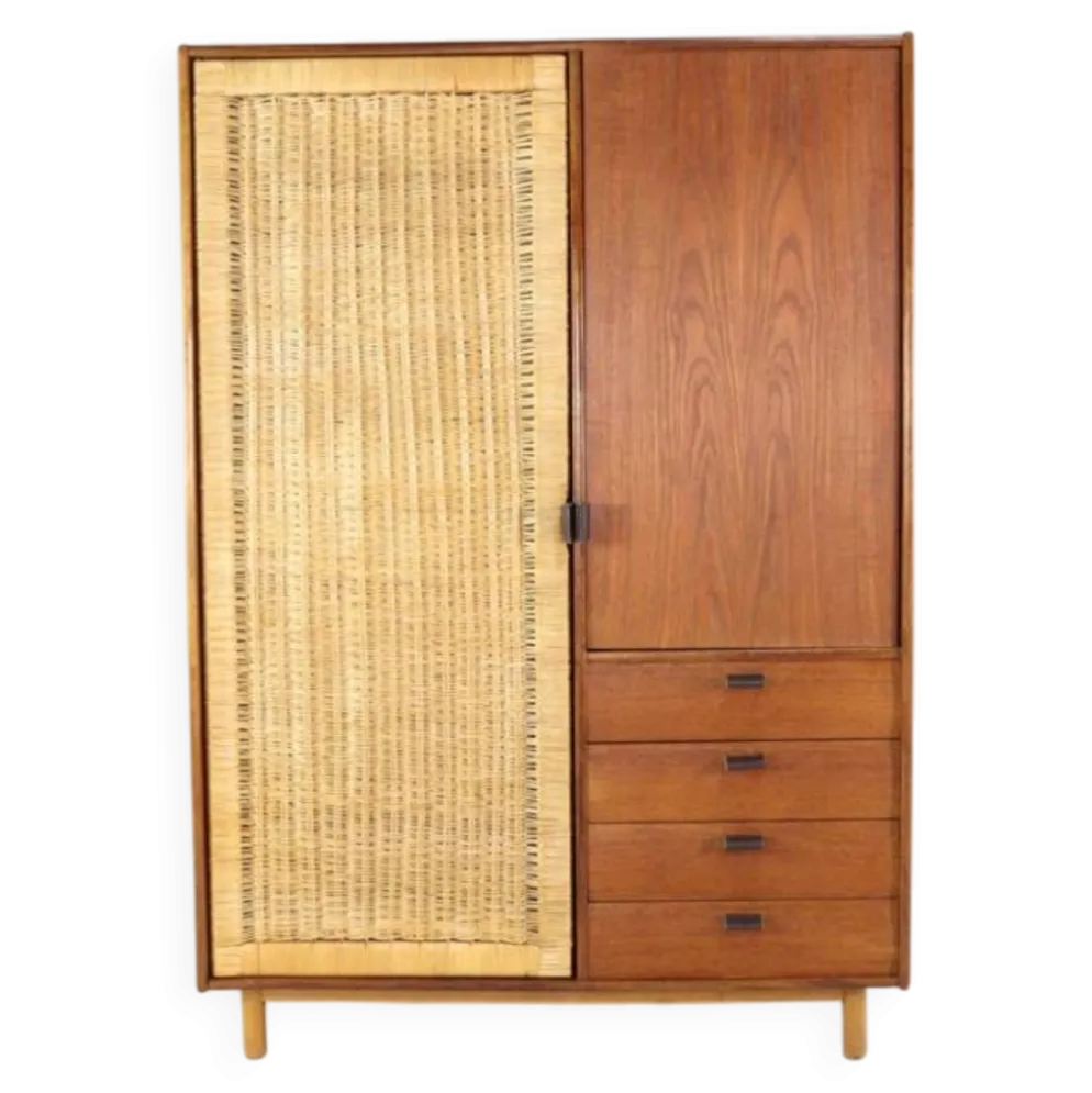 Garde-robe Sebastian Muggenthaler - teck et osier - design rare du milieu du siècle