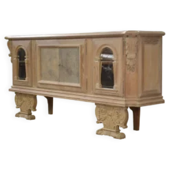 Grand buffet 4 portes en chêne cérusé, miroir églomisé et cuir 1950’s