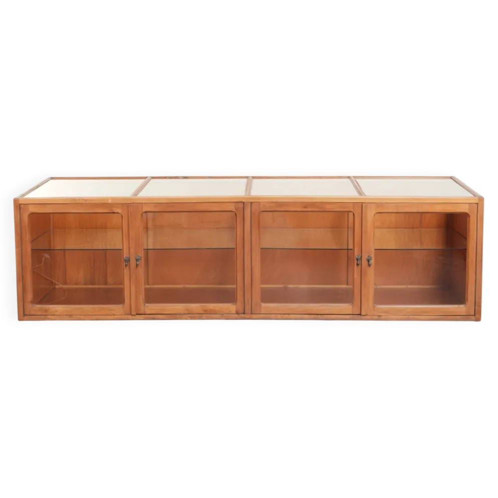 Grand comptoir en bois vintage / vitrine avec 4 portes et du verre.