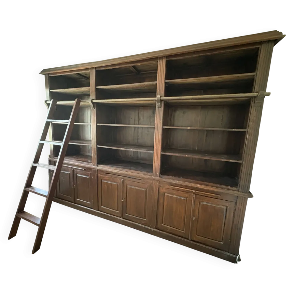 Grande bibliothèque coloniale teck massif — 3,05 m avec échelle et rail lai
