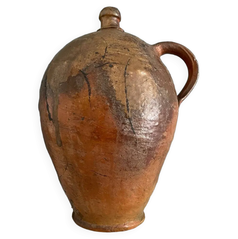 Grande bouteille à huile XIXème en terre vernissée