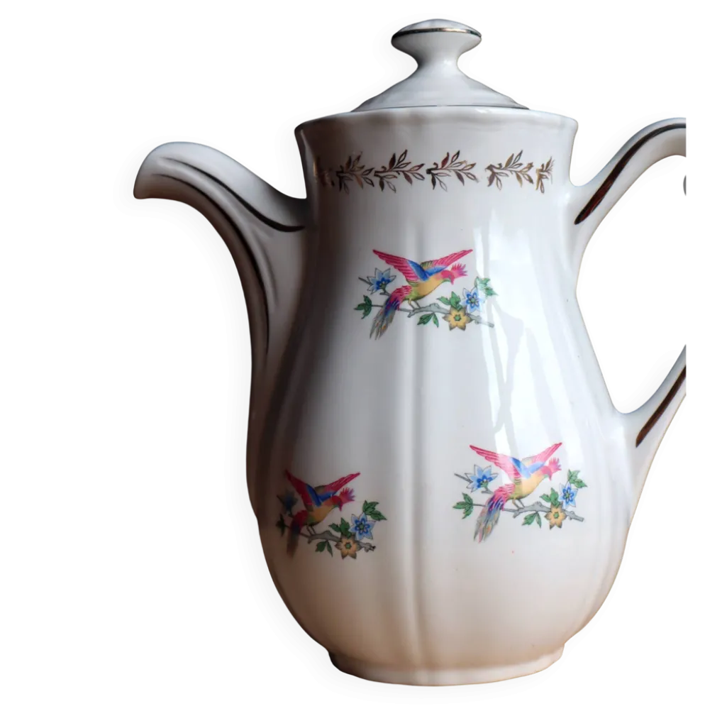 Grande cafetière vintage en faïence Saint-Amand – Décor Oiseaux et Or