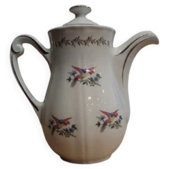 Grande cafetière vintage en faïence Saint-Amand – Décor Oiseaux et Or