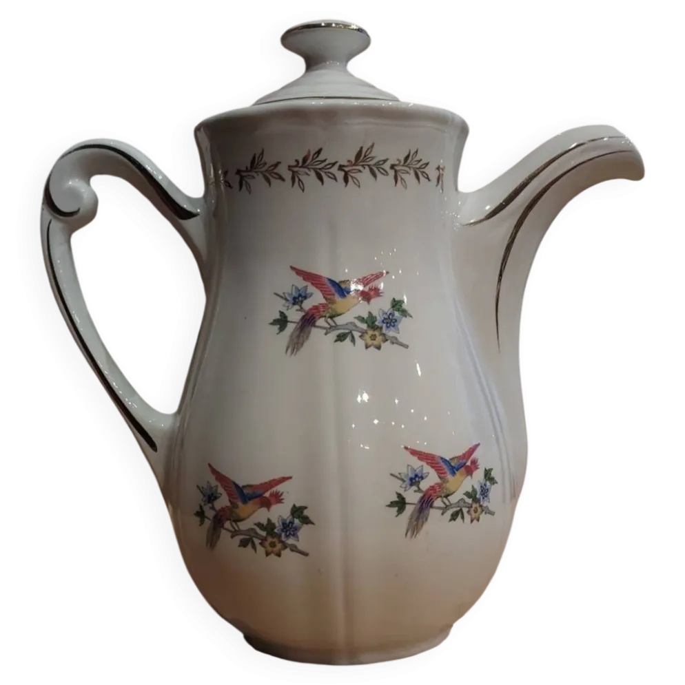 Grande cafetière vintage en faïence Saint-Amand – Décor Oiseaux et Or