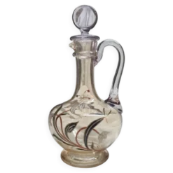 Grande Carafe Art nouveau verre emaillé irisé et fleurs