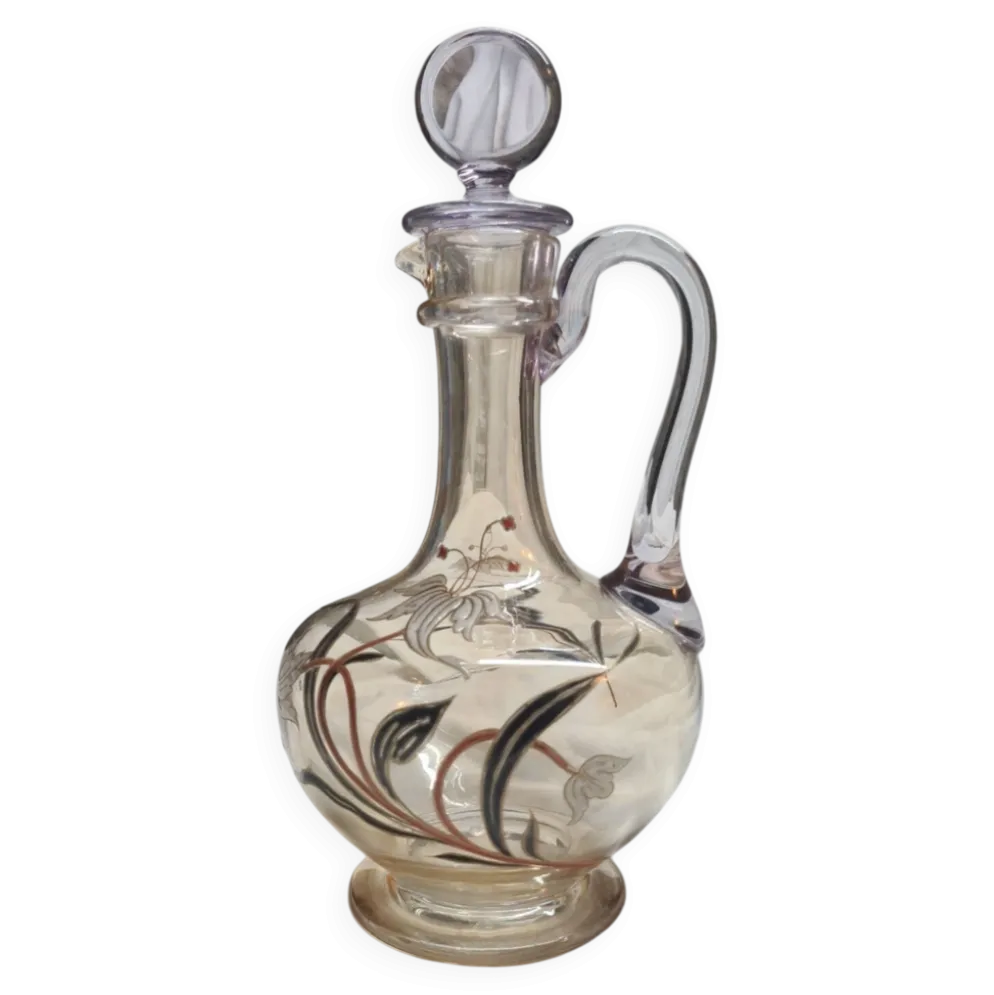 Grande Carafe Art nouveau verre emaillé irisé et fleurs