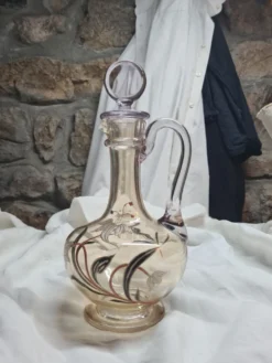 Grande Carafe Art nouveau verre emaillé irisé et fleurs