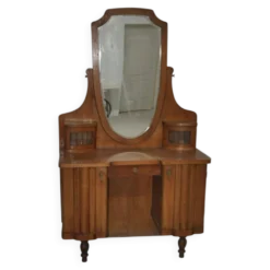 Grande coiffeuse vintage en bois marron avec miroir ovale et rangements intégrés
