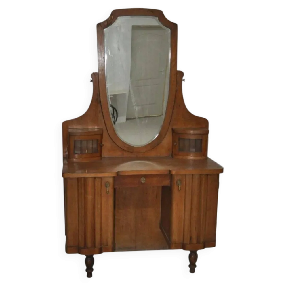 Grande coiffeuse vintage en bois marron avec miroir ovale et rangements intégrés