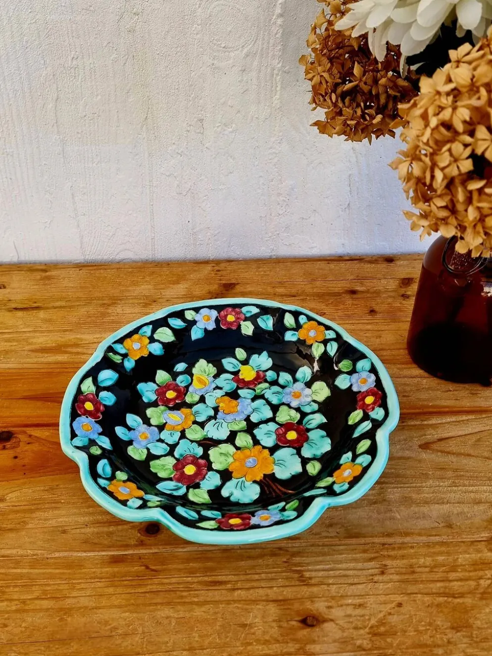 Grande coupe à fruits vintage Cerart Monaco à décor floral
