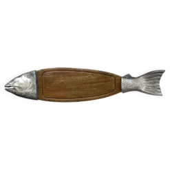 Grande planche à poisson en bois et métal argenté, 90 cm