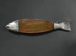 Grande planche à poisson en bois et métal argenté, 90 cm