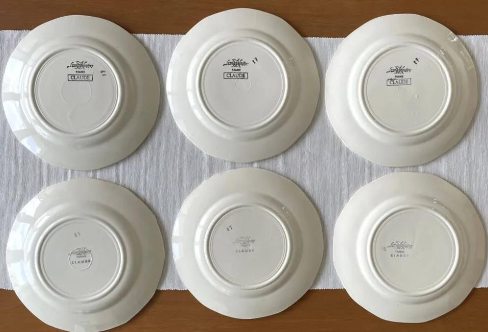 6 grandes assiettes plates anciennes en faïence de Sarreguemines