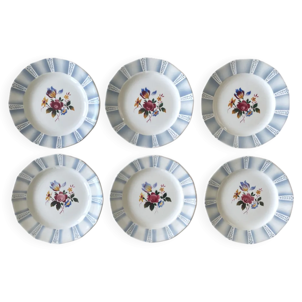 6 grandes assiettes plates anciennes en faïence de Sarreguemines