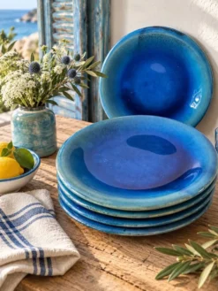 6 grandes assiettes plates en grès bleu cobalt et turquoise