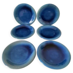6 grandes assiettes plates en grès bleu cobalt et turquoise