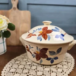 Grande soupière Digoin Sarreguemines vintage – Décor floral brun et bleu