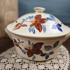 Grande soupière Digoin Sarreguemines vintage – Décor floral brun et bleu