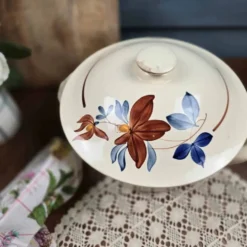 Grande soupière Digoin Sarreguemines vintage – Décor floral brun et bleu