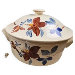 Grande soupière Digoin Sarreguemines vintage – Décor floral brun et bleu