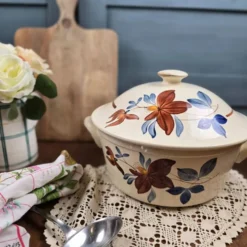 Grande soupière Digoin Sarreguemines vintage – Décor floral brun et bleu