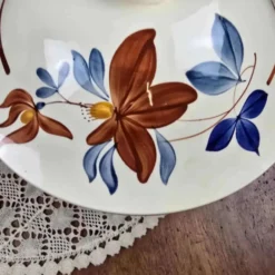 Grande soupière Digoin Sarreguemines vintage – Décor floral brun et bleu