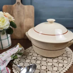 Grande soupière Digoin Sarreguemines vintage – Décor floral brun et bleu