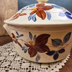 Grande soupière Digoin Sarreguemines vintage – Décor floral brun et bleu