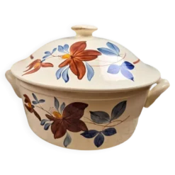 Grande soupière Digoin Sarreguemines vintage – Décor floral brun et bleu