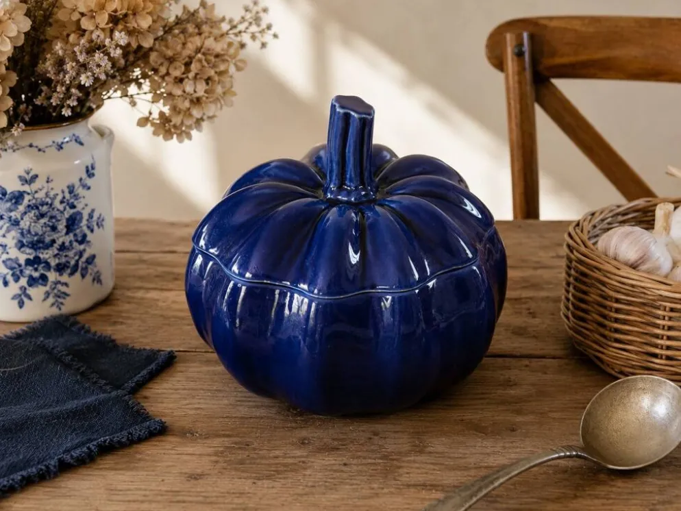 Grande soupière vintage en céramique émaillée bleu outremer