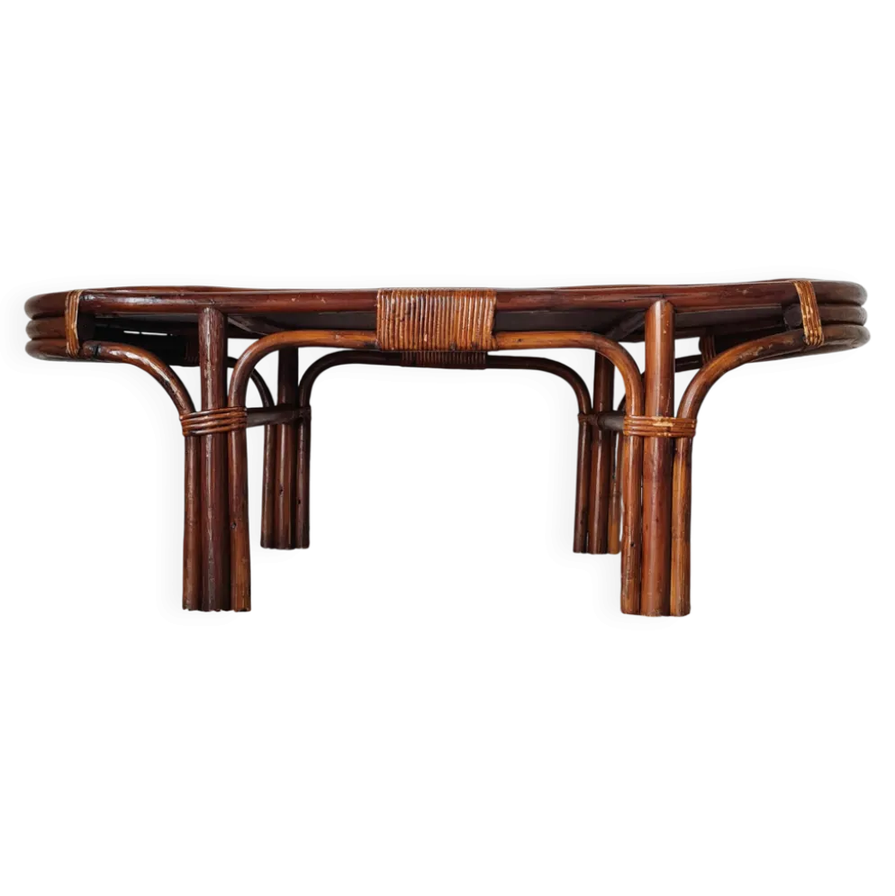 Grande table basse ancienne en rotin et cannage – Esprit bohème