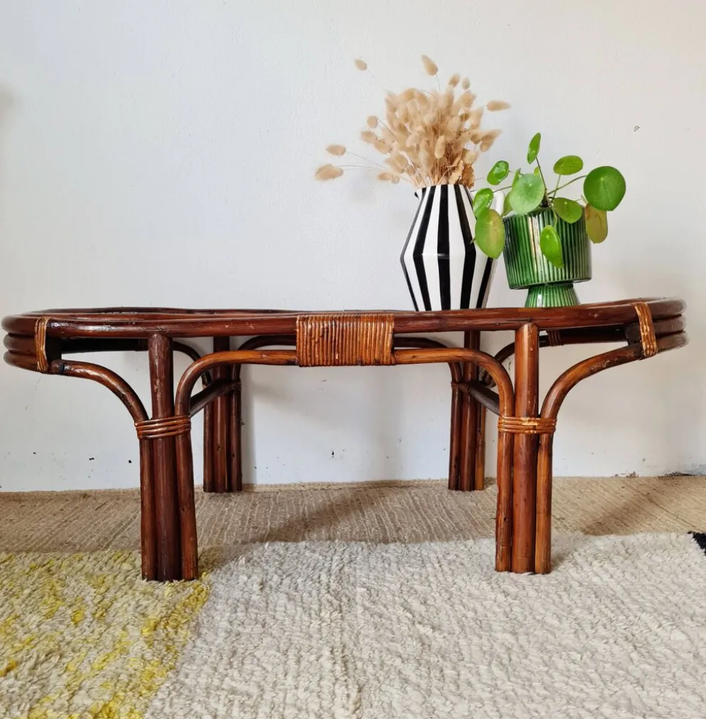 Grande table basse ancienne en rotin et cannage – Esprit bohème