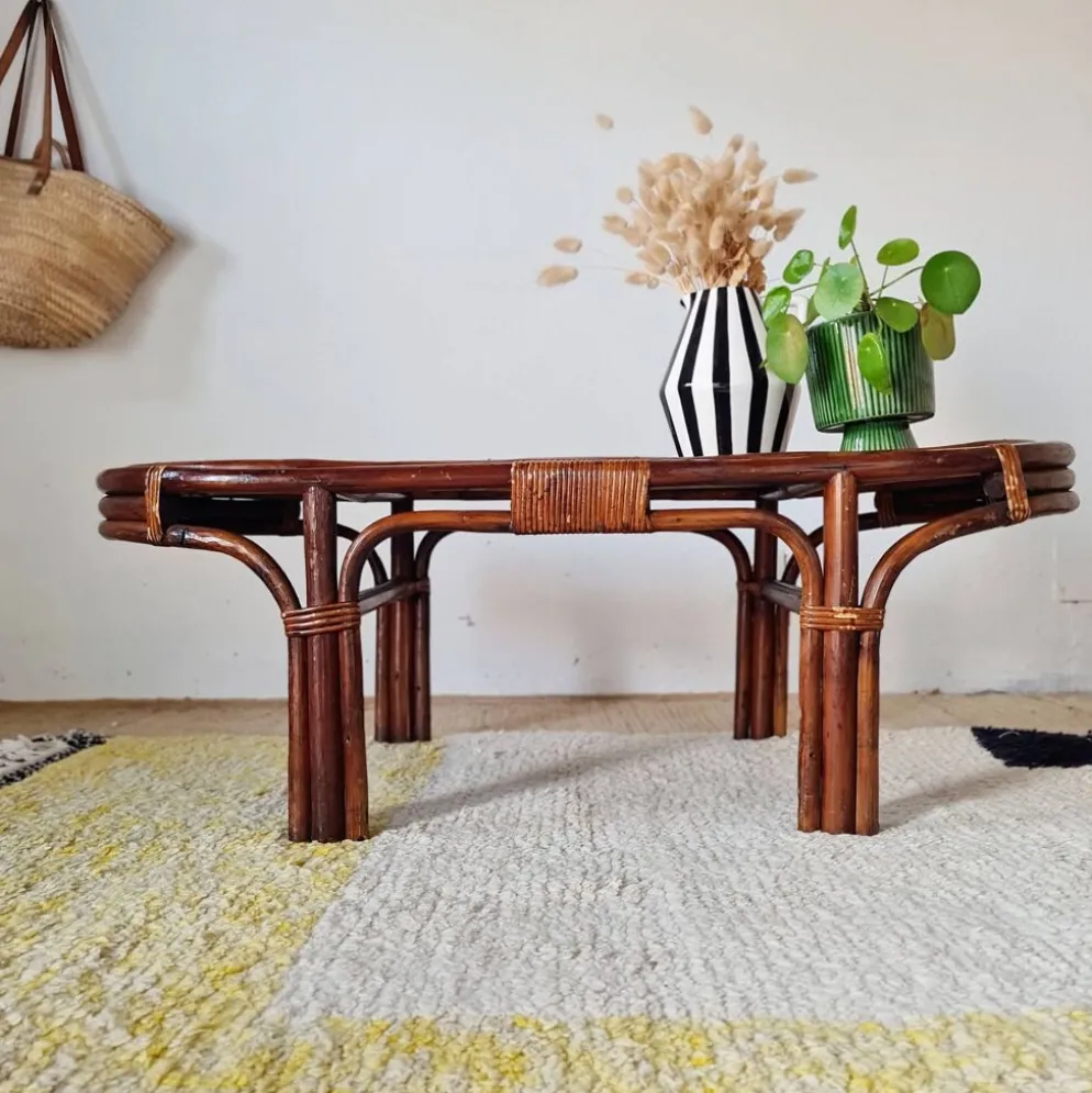 Grande table basse ancienne en rotin et cannage – Esprit bohème