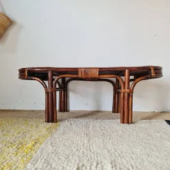 Grande table basse ancienne en rotin et cannage – Esprit bohème