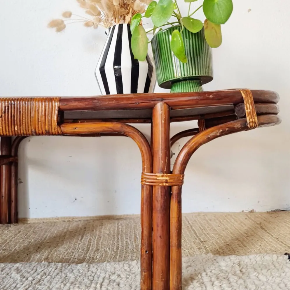 Grande table basse ancienne en rotin et cannage – Esprit bohème