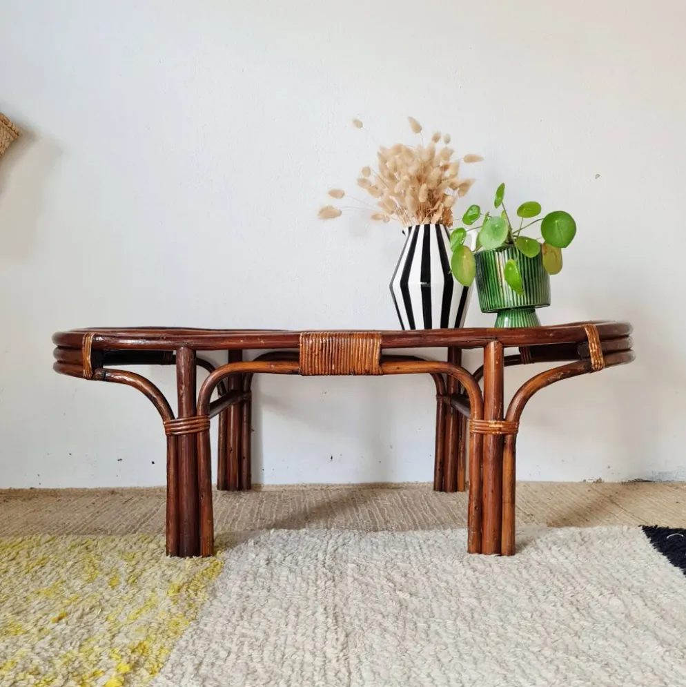 Grande table basse ancienne en rotin et cannage – Esprit bohème
