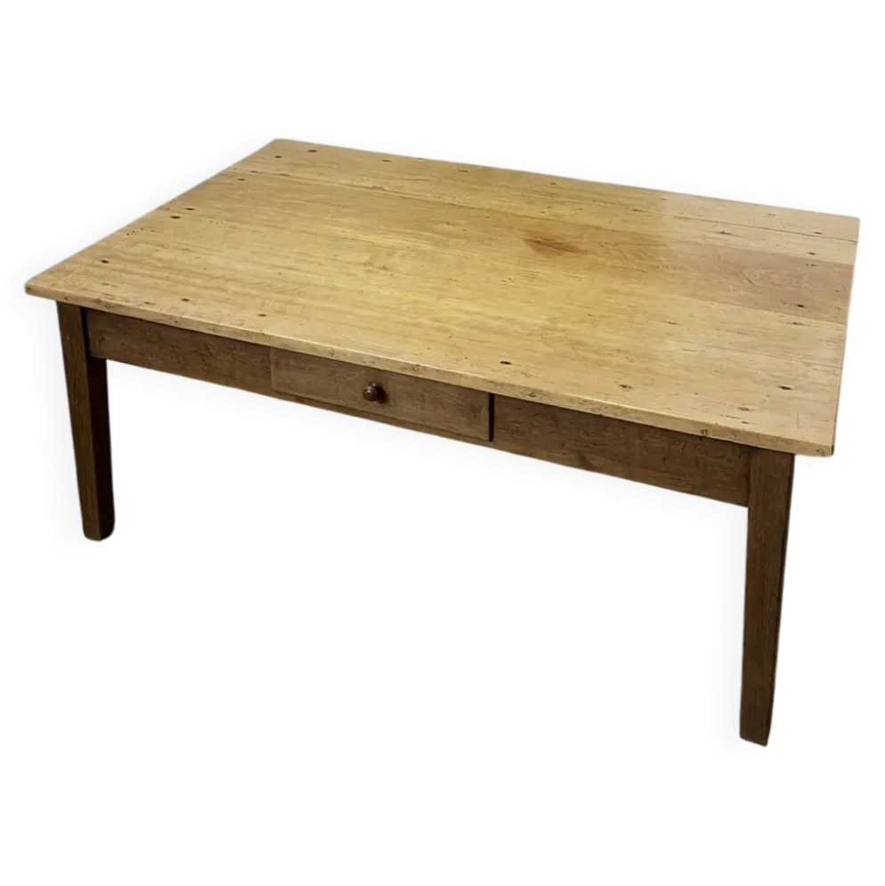Grande table basse ancienne en bois massif, esprit ferme – 1 tiroir –