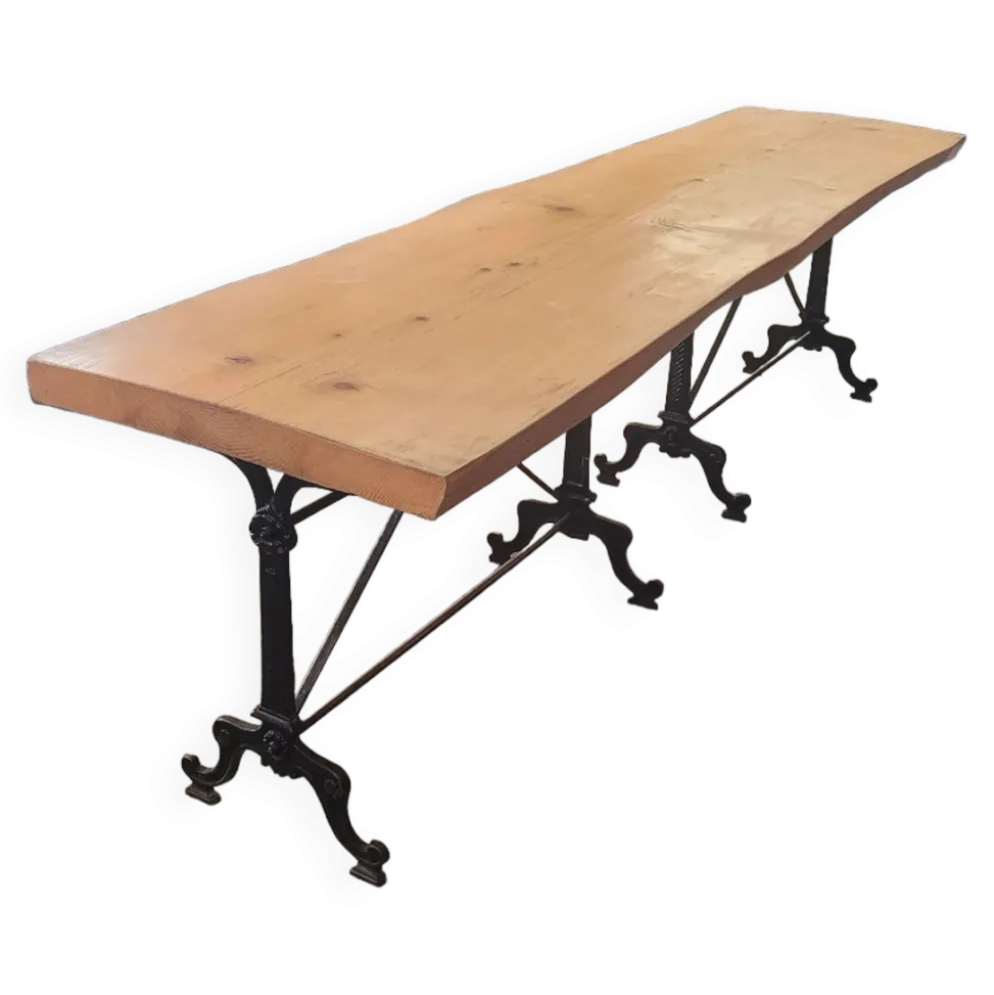 Grande table de bistrot plateau en bois et piètements en fonte -2m56