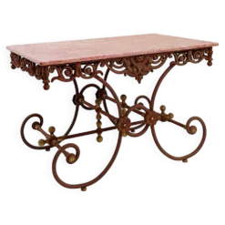 Grande table de boucher française du 19ème siècle en fer forgé et marbre rouge
