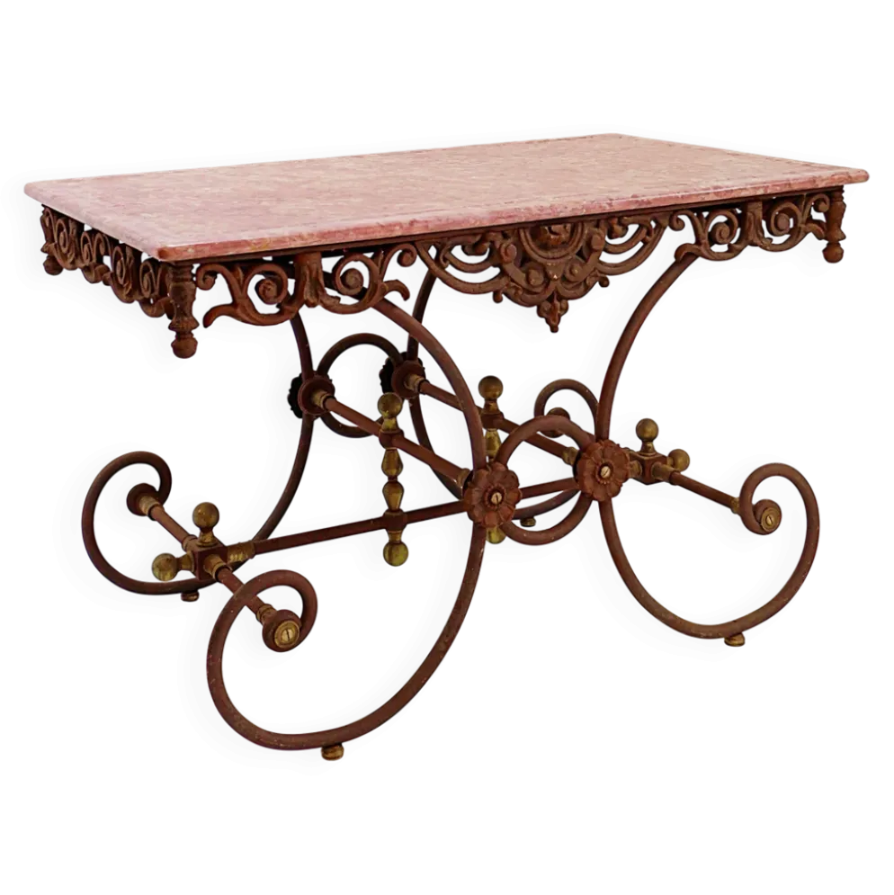 Grande table de boucher française du 19ème siècle en fer forgé et marbre rouge
