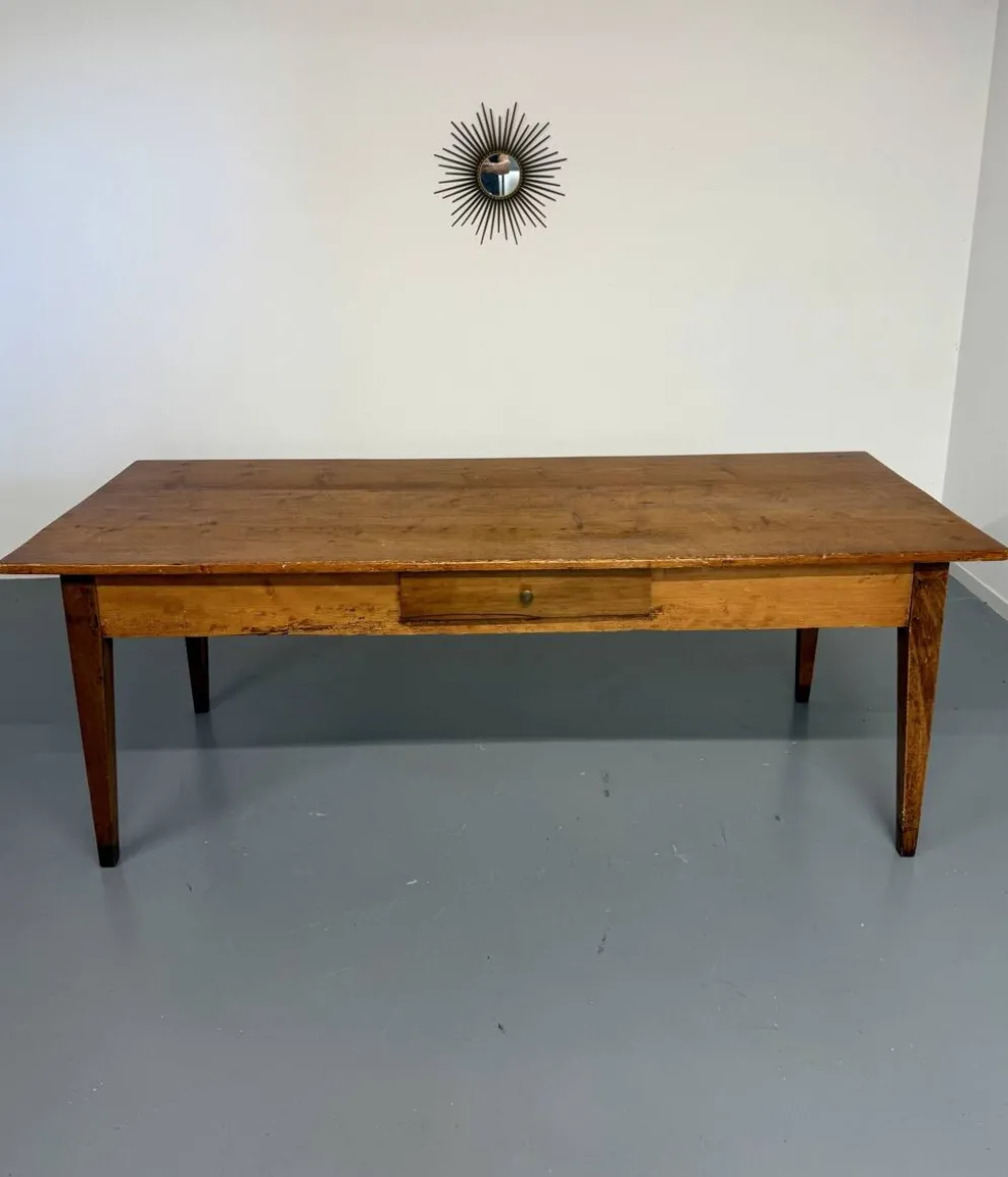 Grande table de ferme en bois avec tiroir en sapin fin 19 eme
