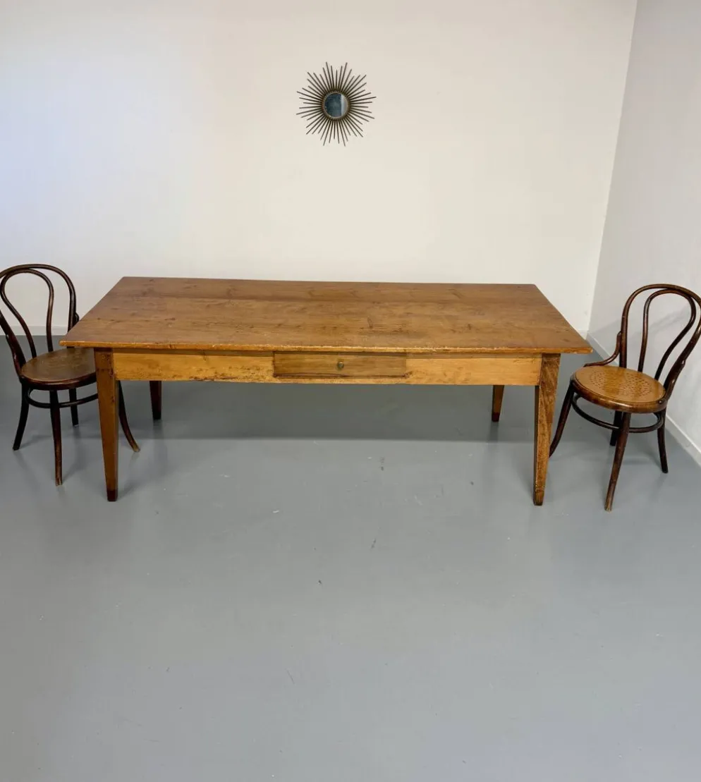 Grande table de ferme en bois avec tiroir en sapin fin 19 eme