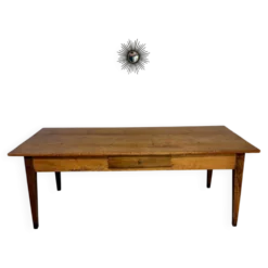 Grande table de ferme en bois avec tiroir en sapin fin 19 eme