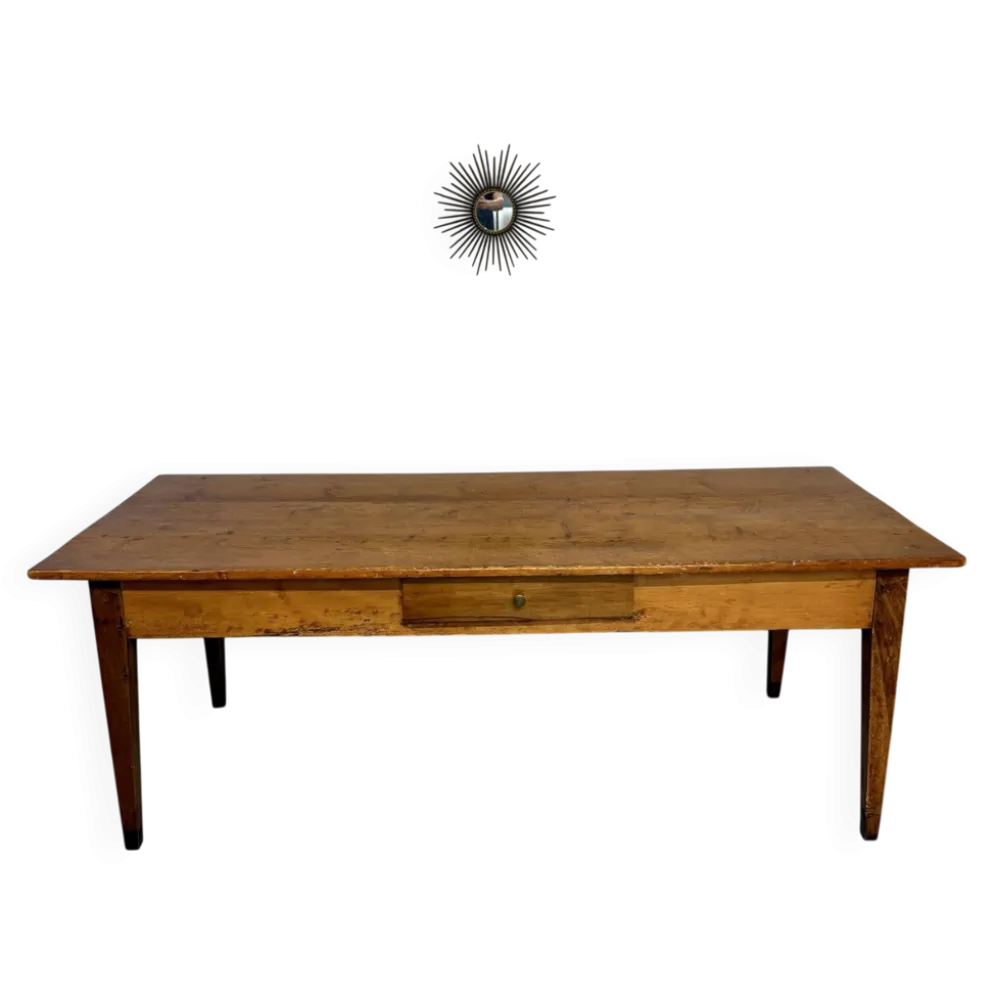 Grande table de ferme en bois avec tiroir en sapin fin 19 eme
