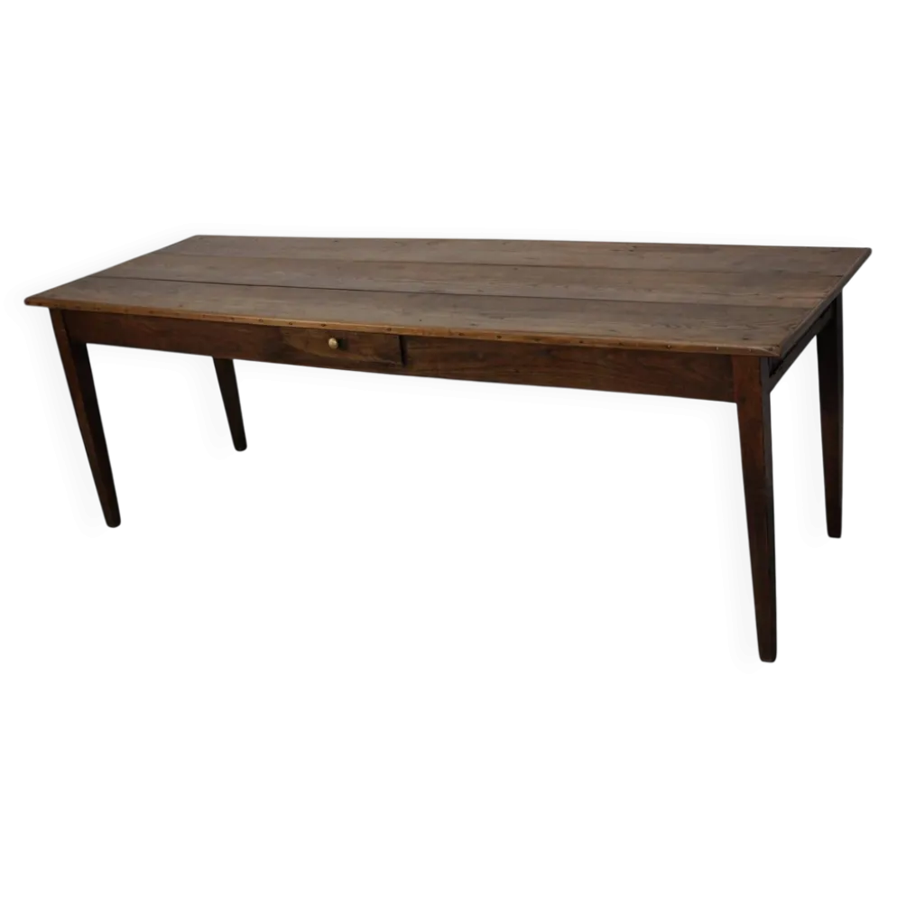 Grande table de salle à manger rustique en vieux orme du 19ème siècle français.